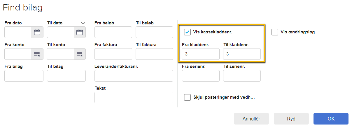 Viser filtrering på kassekladdenummer i 'Posteringer (find bilag)' – bruges til at finde alle posteringer fra en bestemt kassekladde.