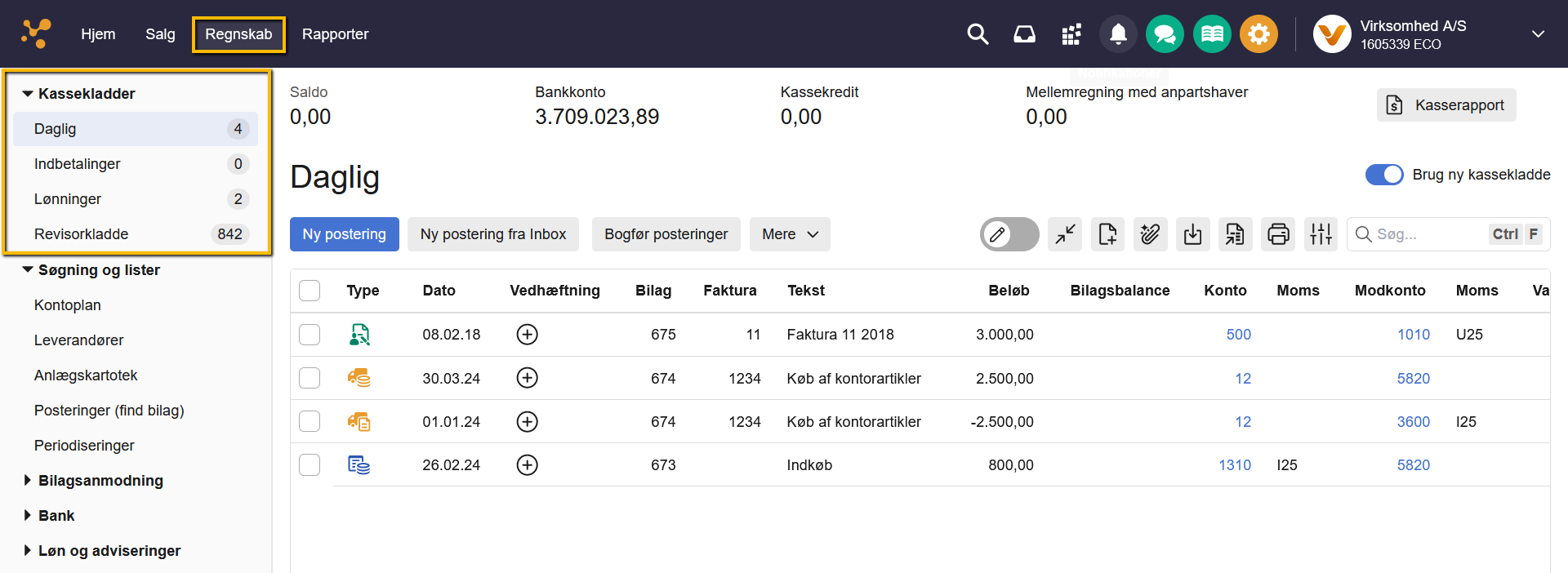 Viser en oversigt over posteringer i en kassekladde i Regnskab – bruges til at oprette og få overblik over den daglige bogføring.