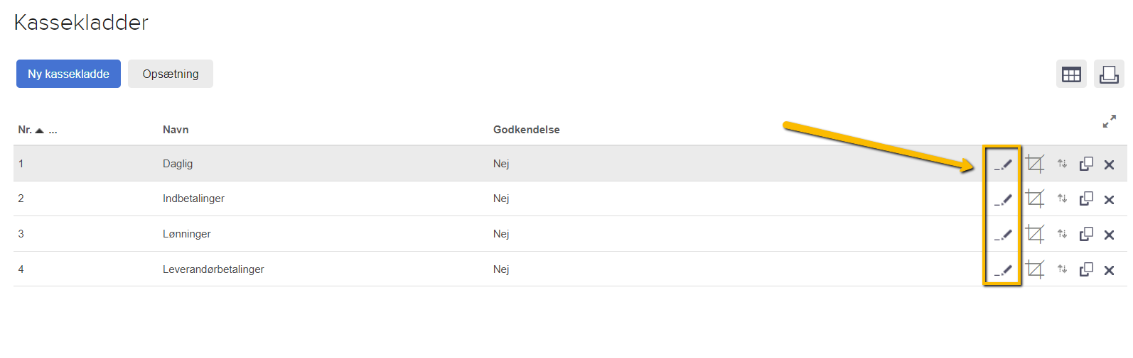 Viser Rediger-ikonet i oversigten over kassekladder – bruges til at redigere en kassekladdes opsætning.
