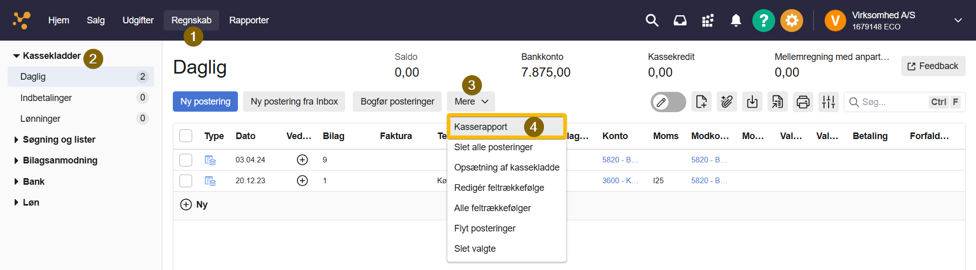 Viser valg af kasserapport under menuen “Mere” i fanen 