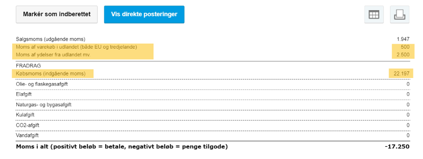 Viser linjerne for udenlandsk moms i momsopgørelsen – bruges til at se, hvor moms fra varekøb og ydelser i udlandet fremgår.