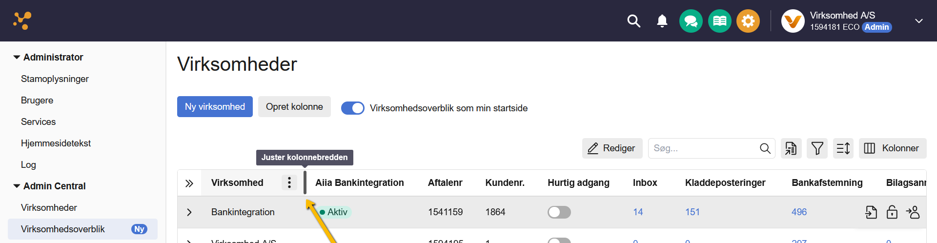 Viser træk i kanten på en kolonne i Virksomhedsoverblikket – bruges til at justere kolonnebredden.