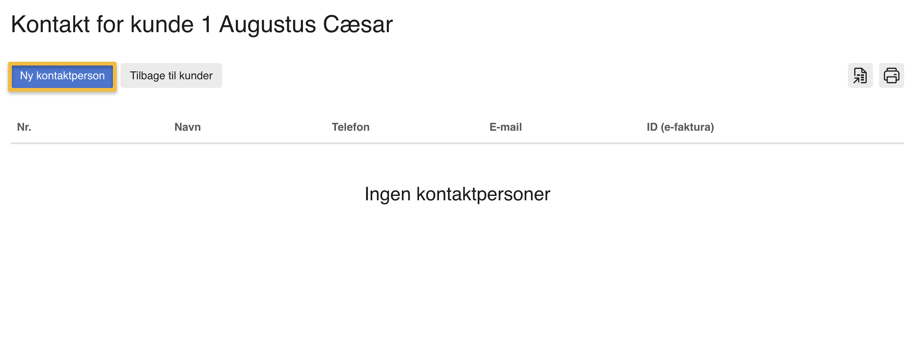 Viser 'Ny kontaktperson'-knappen i kundens kontaktkartotek – bruges til at oprette en personreference til e-fakturering.