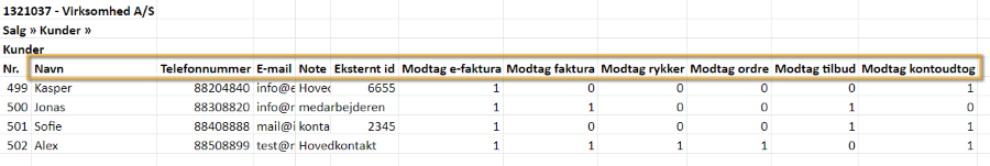 Viser opbygningen af en importfil til kontaktpersoner i et regneark – bruges til at formatere data korrekt før import.