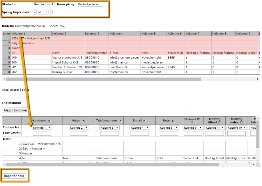 Viser match af kolonner fra en importfil i dataimport – bruges til at forbinde data med de korrekte felter i systemet og gemme indstillingerne som en ny skabelon.