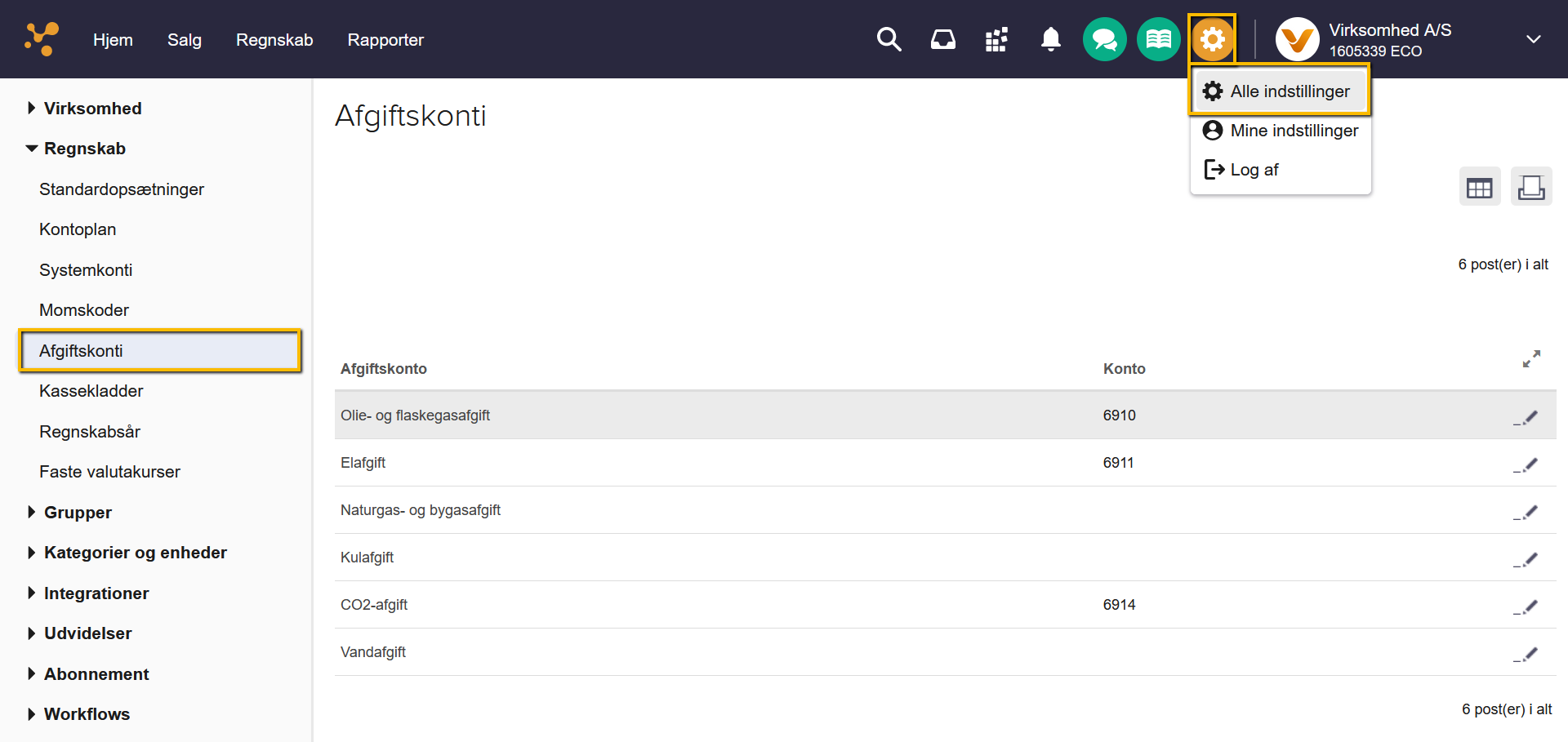 Viser listen over afgiftskonti i Alle indstillinger – bruges til at angive eller redigere kontonumrene for afgifter.