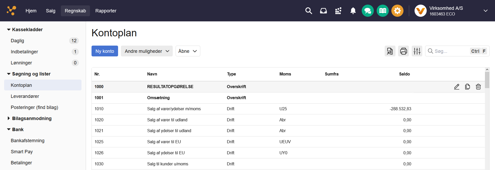 Viser kontoplanen under Søgning og lister – bruges til at finde den korrekte konto til en postering.