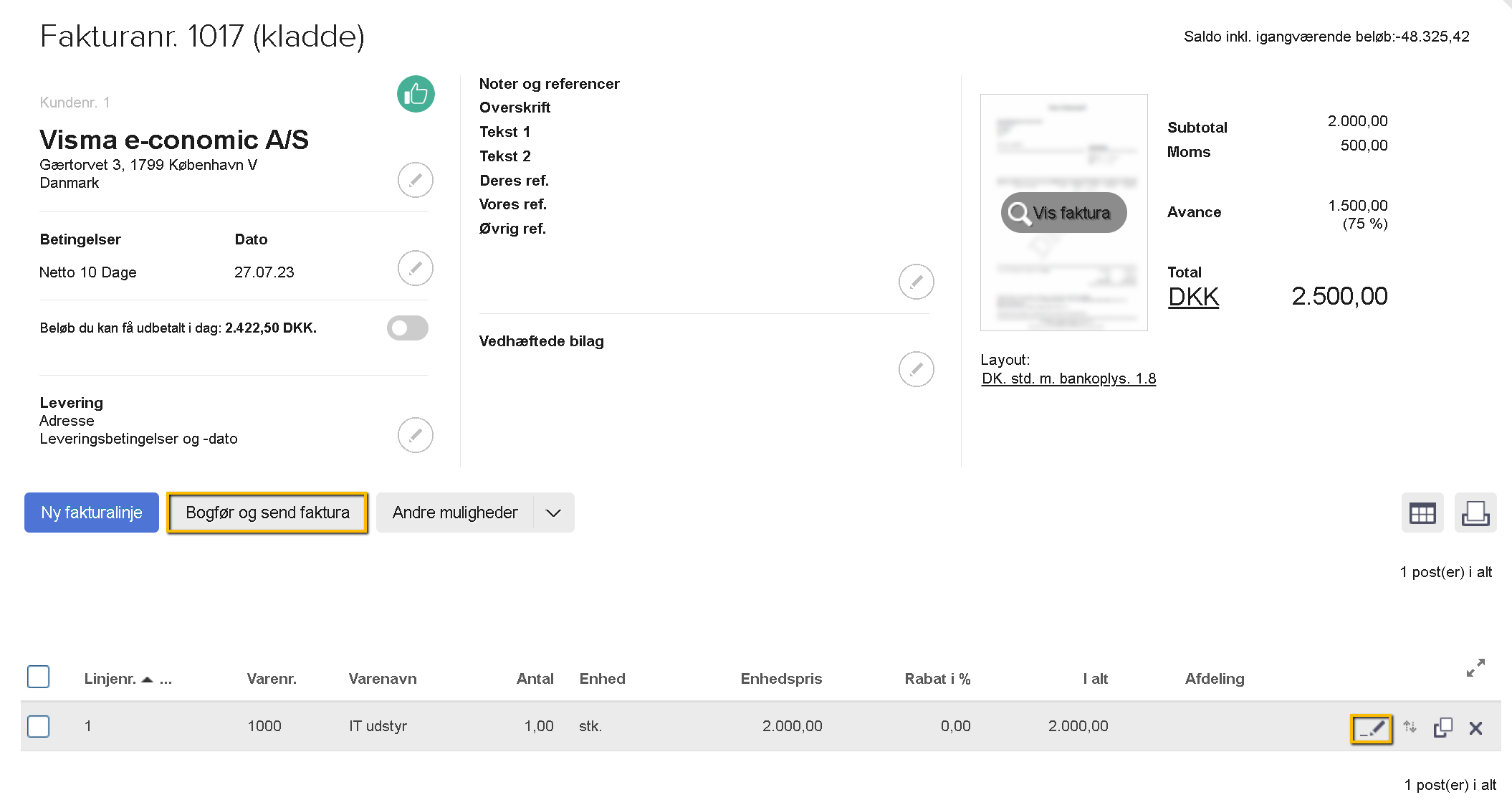 Viser knappen 'Bogfør og send faktura' i en fakturakladde – bruges til at afslutte konverteringen fra en ordre og sende fakturaen.