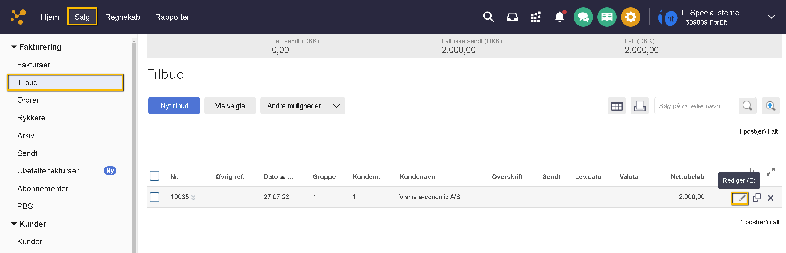 Viser Redigér-ikonet i tilbudsoversigten – bruges til at åbne et tilbud for at konvertere det til en faktura.
