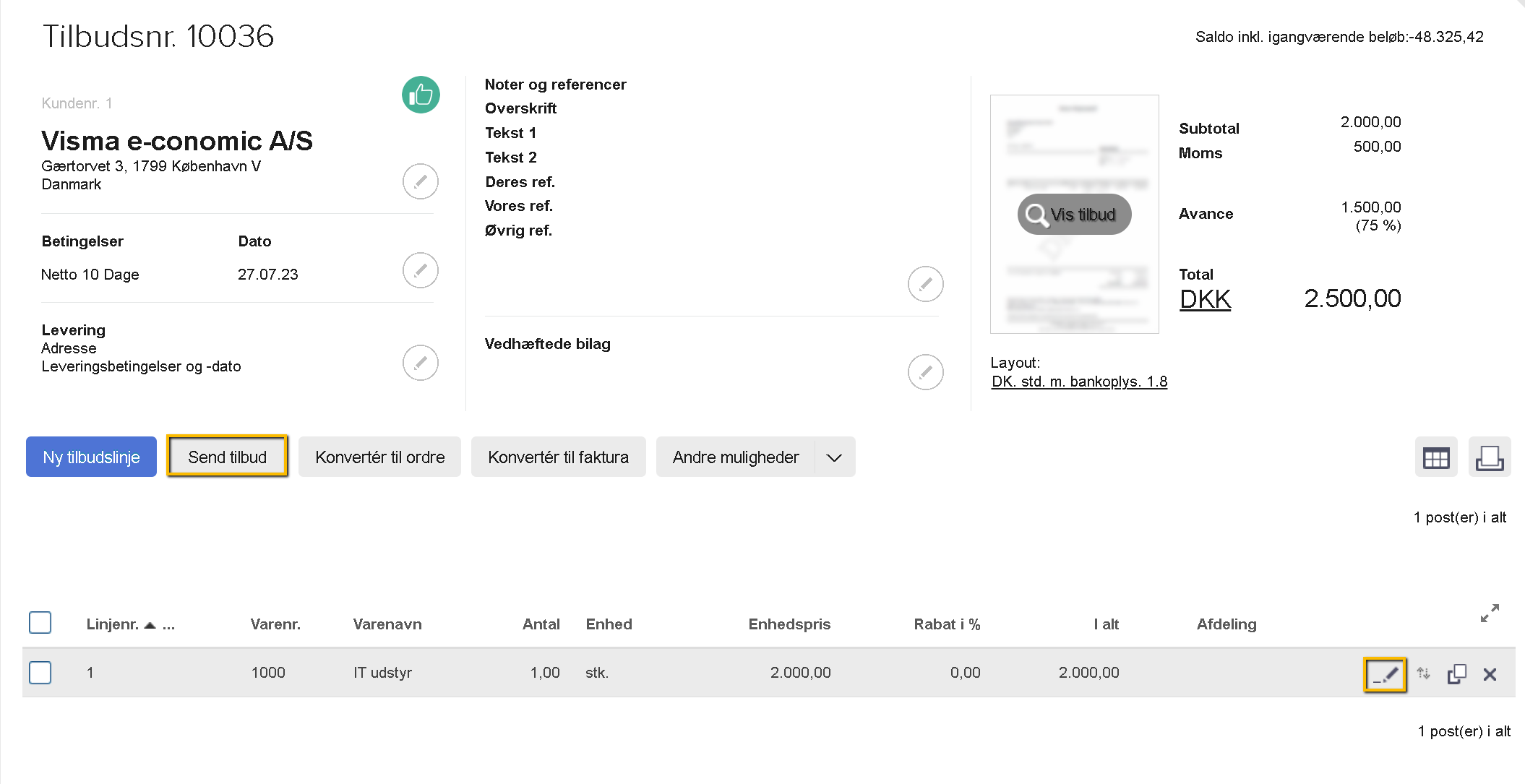 Viser knappen 'Konvertér til faktura' i tilbudskladen – bruges til at omdanne det åbne tilbud til en fakturakladde.
