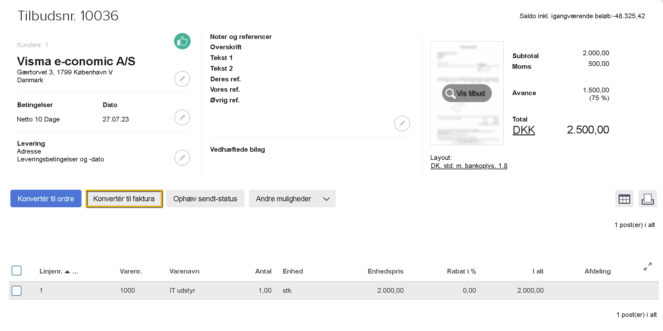 Viser knappen "Konvertér til faktura" i et tilbud – bruges til at konvertere det åbne tilbud til en faktura.
