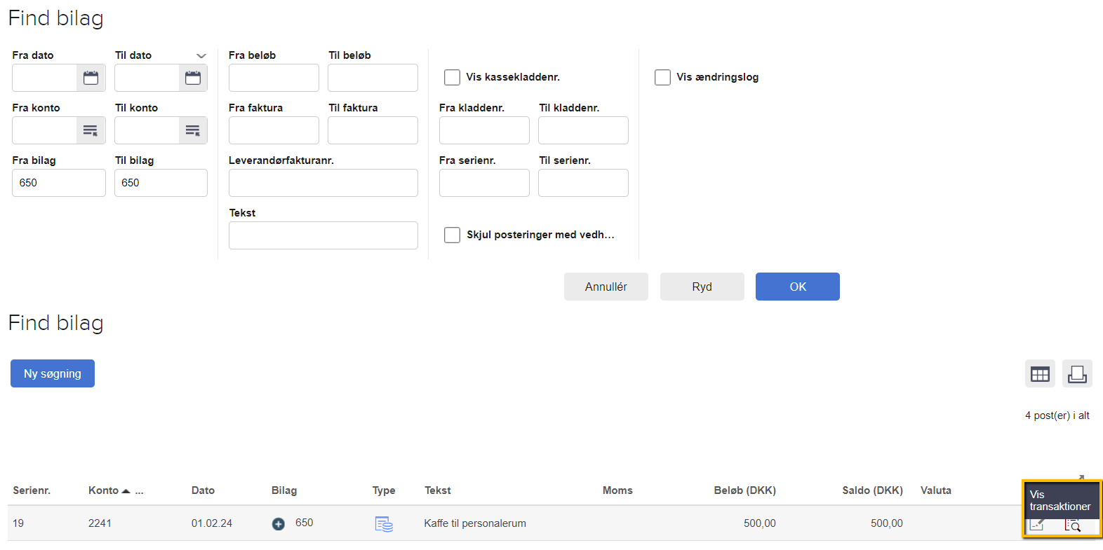 Viser ikonet "Vis transaktioner" i oversigten "Posteringer (find bilag)" – bruges til at åbne en postering for at kunne vende den.