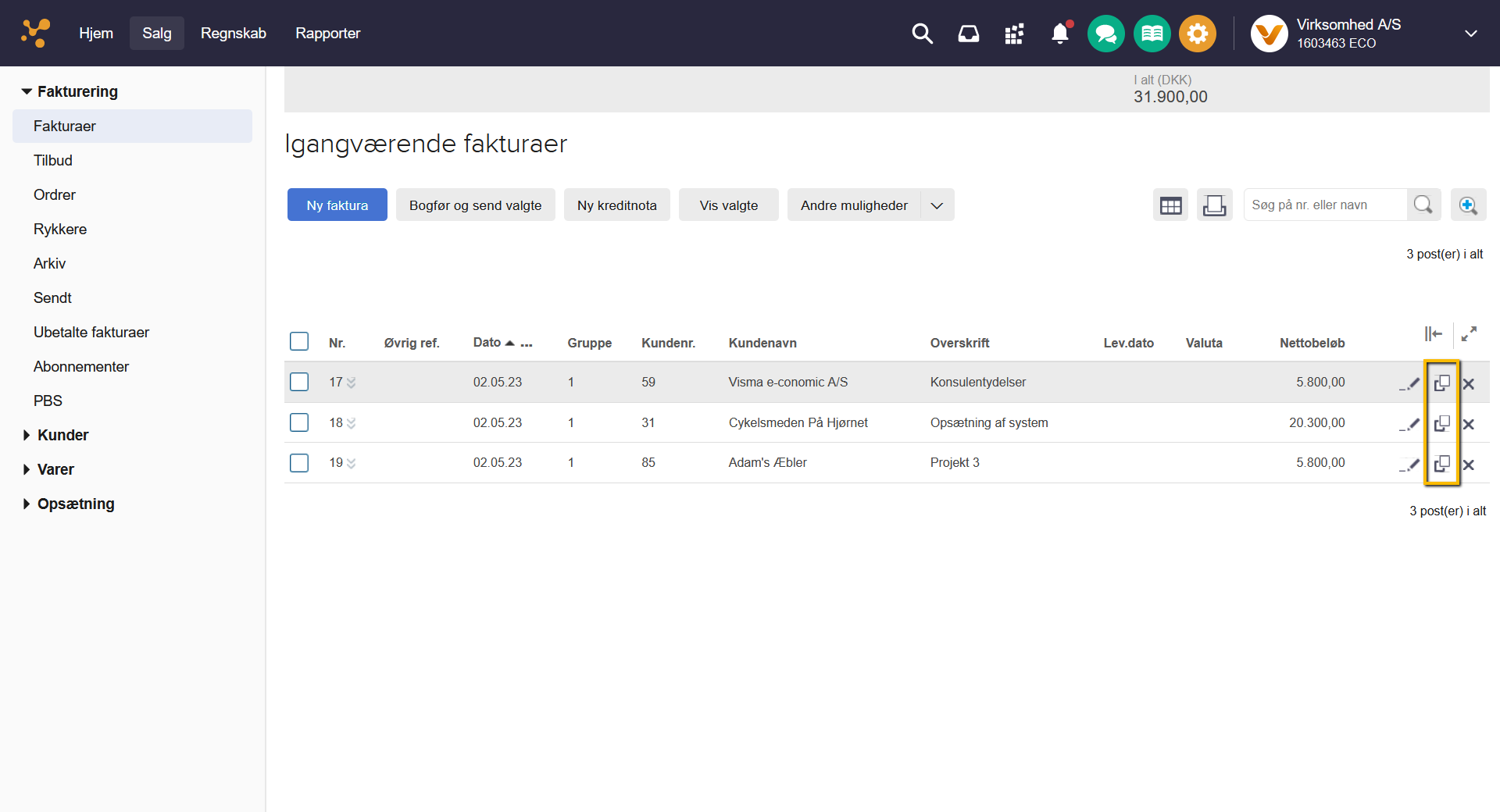 Viser kopier-ikonet i fakturaoversigten – bruges til at kopiere en eksisterende faktura.