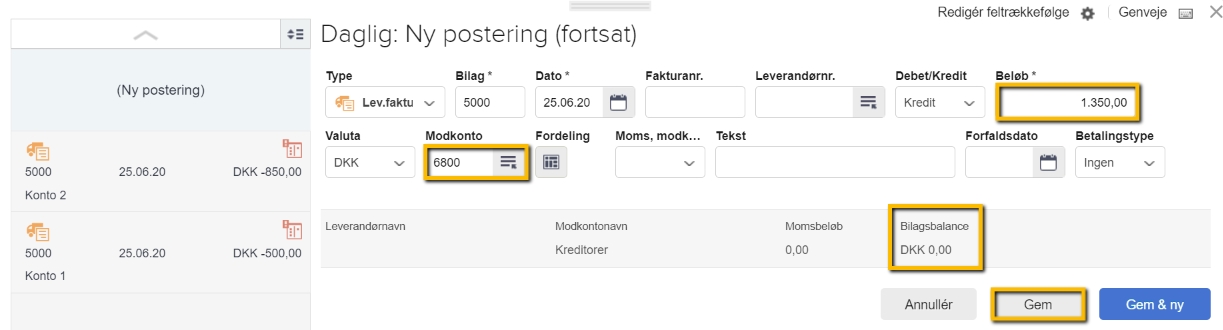 Viser den afsluttende postering med kreditorsamlekontoen som modkonto i kassekladden – bruges til at fordele de enkelte kreditorposter og afstemme bilaget.