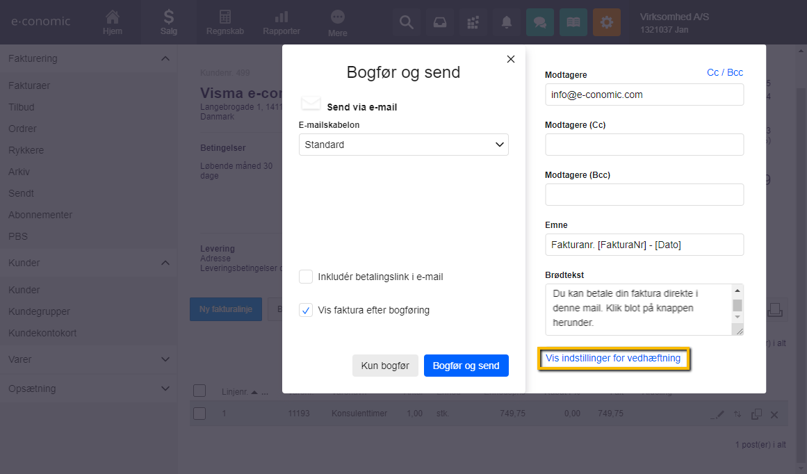 Viser linket "Vis indstillinger for vedhæftning" i fakturaens afsendelsesvindue – bruges til at tilgå avancerede e-mailindstillinger, såsom kryptering.