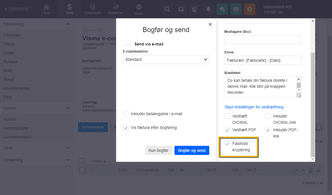Viser fluebenet i 'Fasthold kryptering' i afsendelsesvinduet for fakturaer – bruges til at gennemtvinge, at e-mailen med fakturaen sendes krypteret.