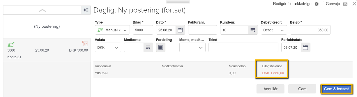 Viser en manuel kundefaktura-postering i en kassekladde – bruges til at indtaste en kundes saldo og fortsætte til den næste.