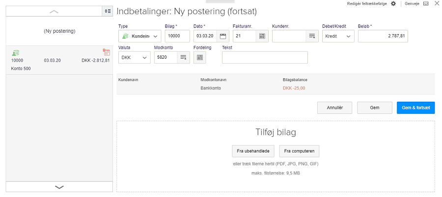 Viser oprettelse af anden postering i en kundeindbetaling med gebyr i kassekladden – bruges til at registrere det beløb, der reelt er modtaget i banken.