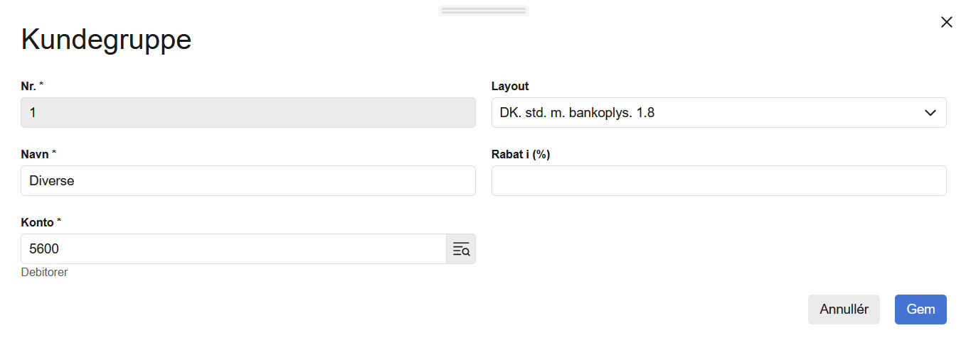 Viser oprettelsesvinduet for en kundegruppe i Kundegrupper – bruges til at angive gruppens oplysninger og gemme den.