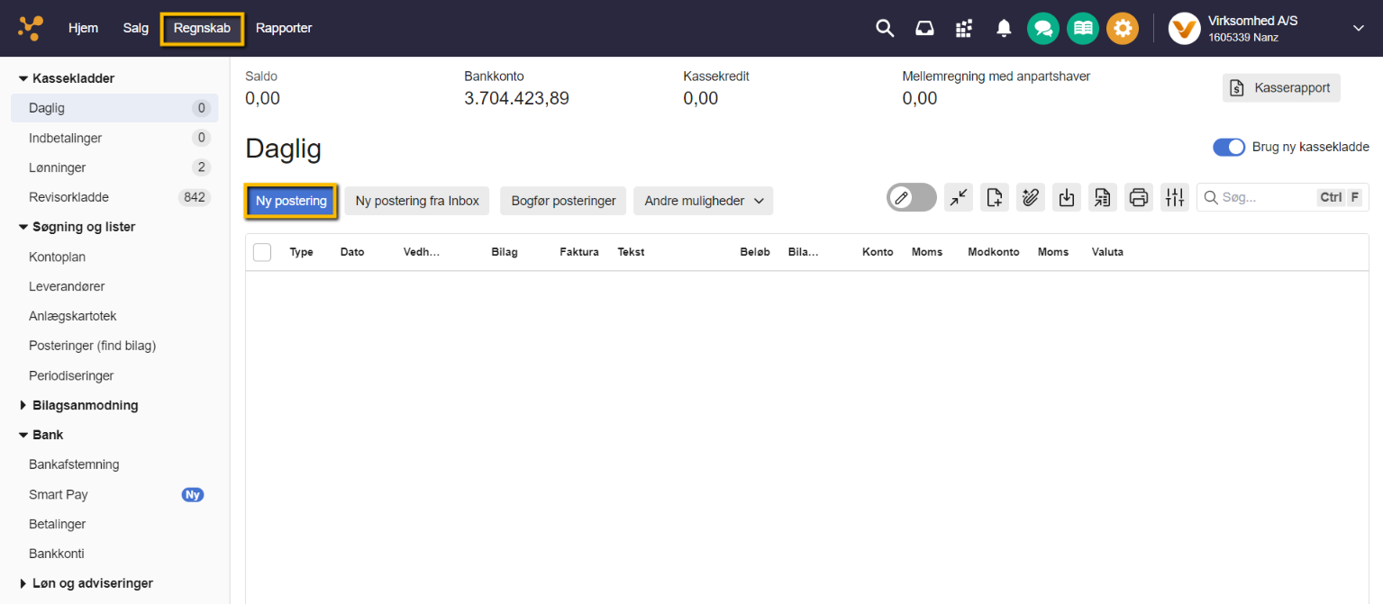 Viser knappen 'Ny postering' i kassekladden – bruges til at oprette en ny postering til bogføring af en indbetaling.