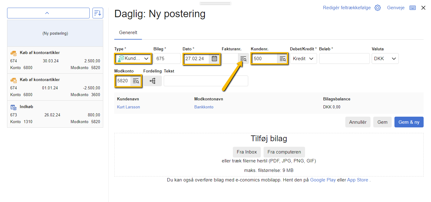 Viser en samlet kundeindbetaling i kassekladden – bruges til at vise, at fakturanummerfeltet er tomt, når man udligner mere end én faktura.