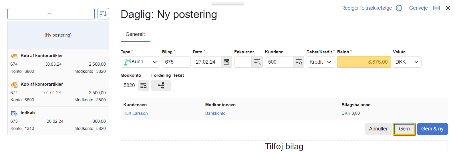 Viser oprettelse af en kundeindbetaling i kassekladden – bruges til at registrere en indbetaling fra en kunde.