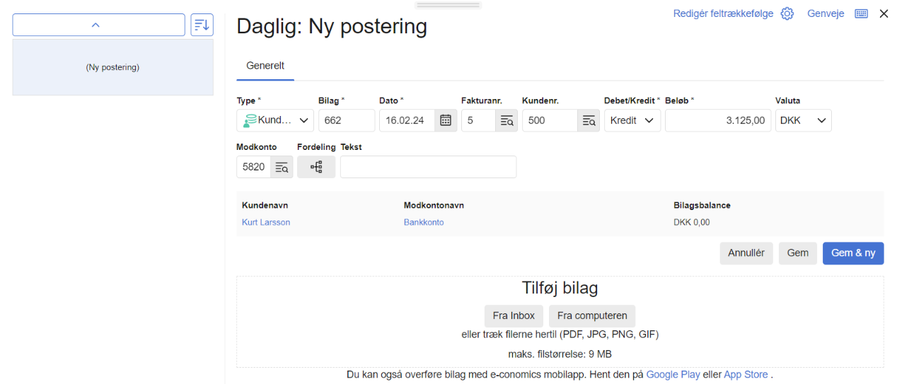 Viser en ny postering for en kundeindbetaling i kassekladden – bruges til at bogføre en indbetaling for en enkelt faktura.