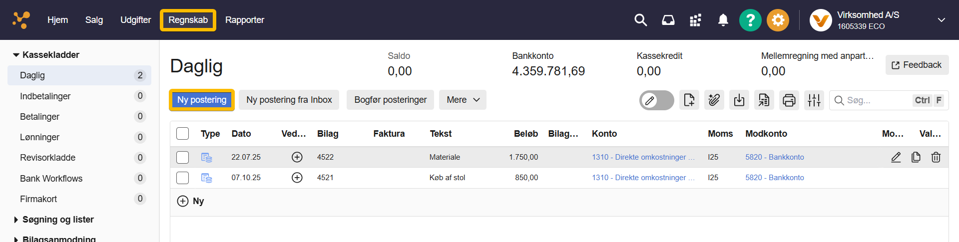 Viser klik på Ny postering i kassekladden under Regnskab – bruges til at oprette en kundeindbetaling ud fra fakturanummer.