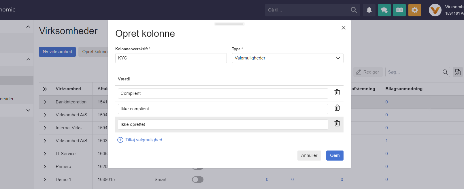Viser modalen 'Opret kolonne' i Virksomhedsoverblikket – bruges til at tilføje en ny, brugerdefineret kolonne med valgmuligheder.