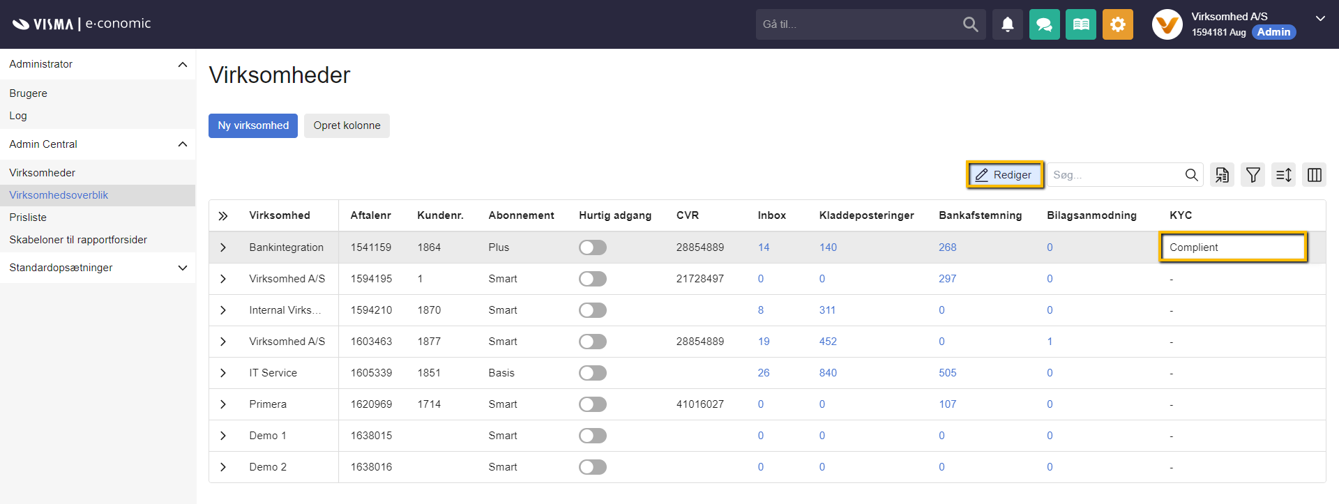 Viser redigering af KYC status i Virksomhedsoverblik – bruges til at ændre en virksomheds KYC status