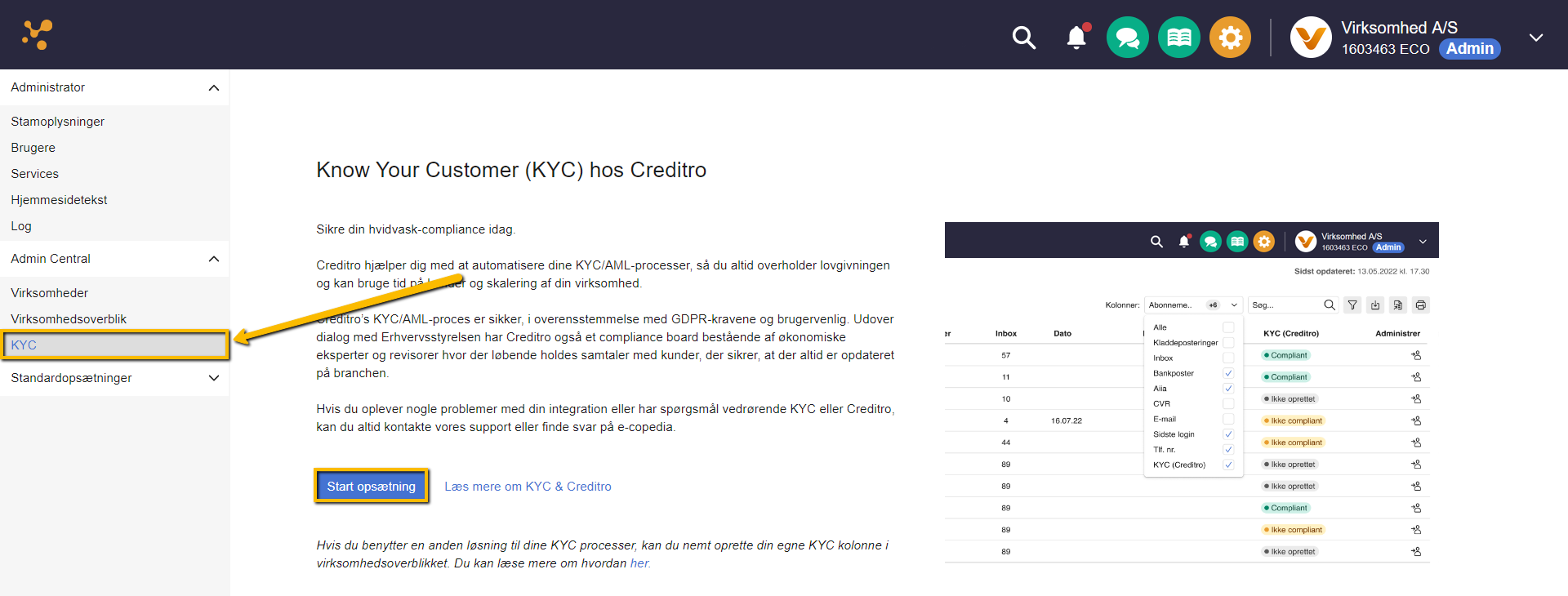 Viser menupunktet KYC i Admin Central – bruges til at starte opsætningen af KYC-integrationen.