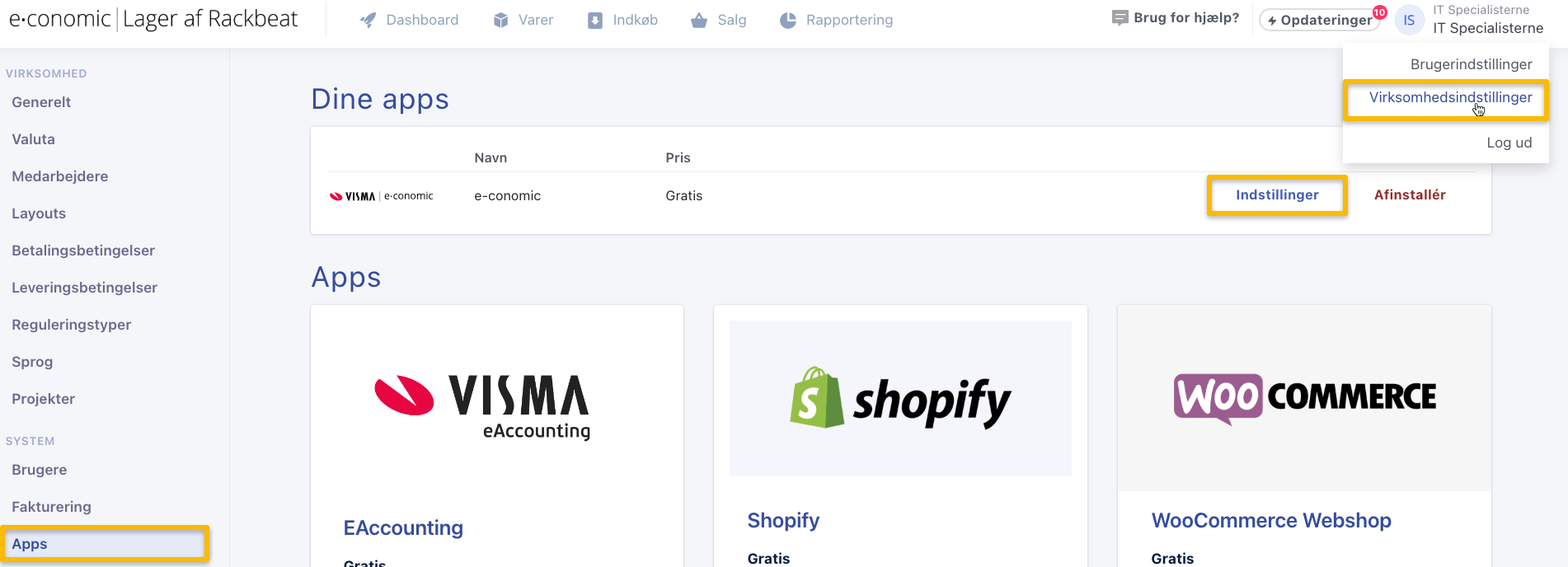 Viser indstillingerne for lagerværdi-synkronisering i Rackbeats indstillinger for e-conomic appen – bruges til at aktivere og planlægge overførslen af lagerværdi til e-conomic.