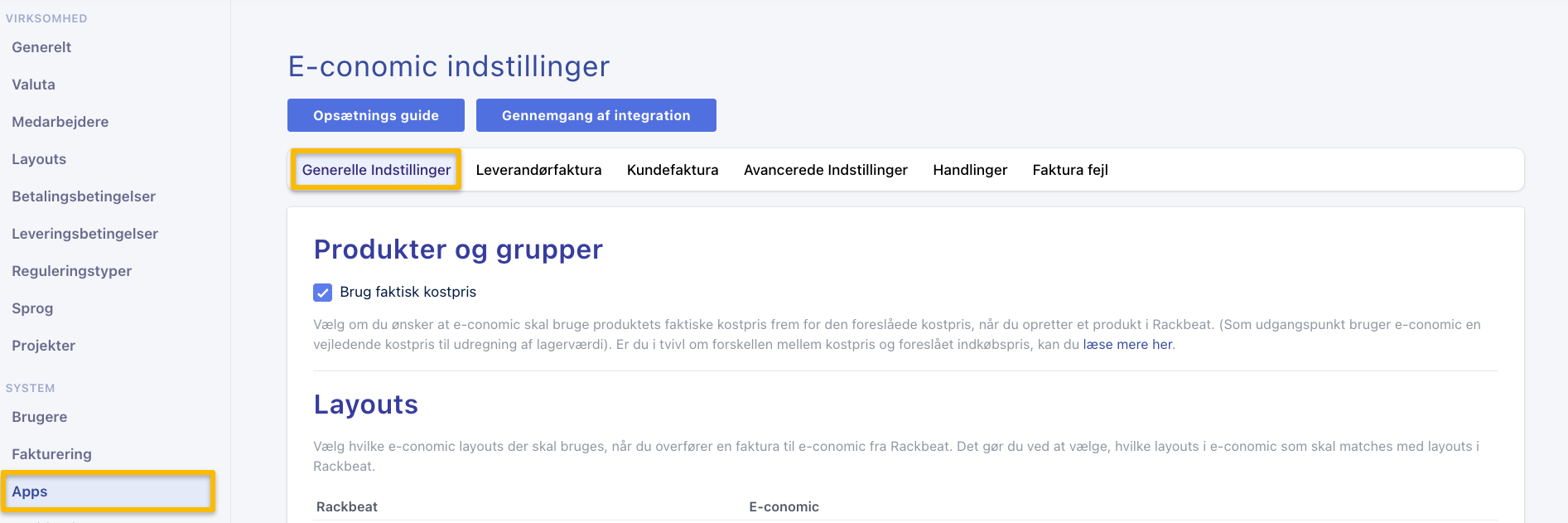 Viser indstillinger for bogføring af lagerværdi i Rackbeats e-conomic app – bruges til at vælge frekvens, kassekladde og konti til den automatiske overførsel.