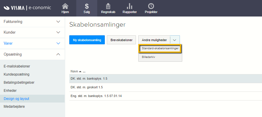 Viser menupunktet 'Standard-skabelonsamlinger' under 'Andre muligheder' i Design og layout – bruges til at finde standardskabeloner, som kan kopieres.