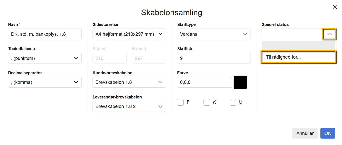 Viser dropdown-menuen 'Speciel status' i Skabelonsamling – bruges til at gøre skabelonen tilgængelig for en anden aftale.
