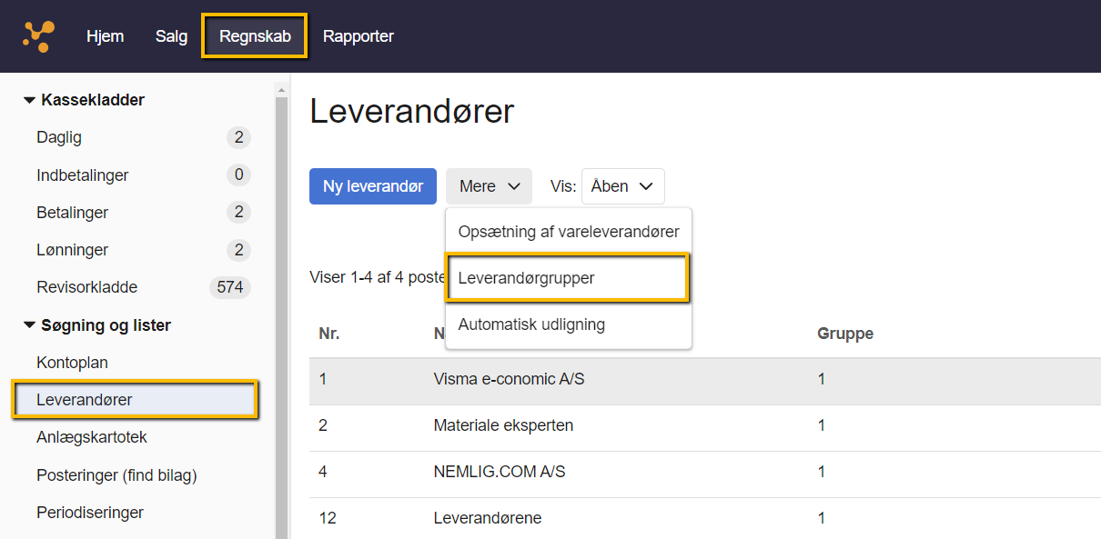 Viser menupunktet 'Leverandørgrupper' i drop-down-menuen 'Mere' i leverandøroversigten – bruges til at navigere til oversigten over leverandørgrupper.