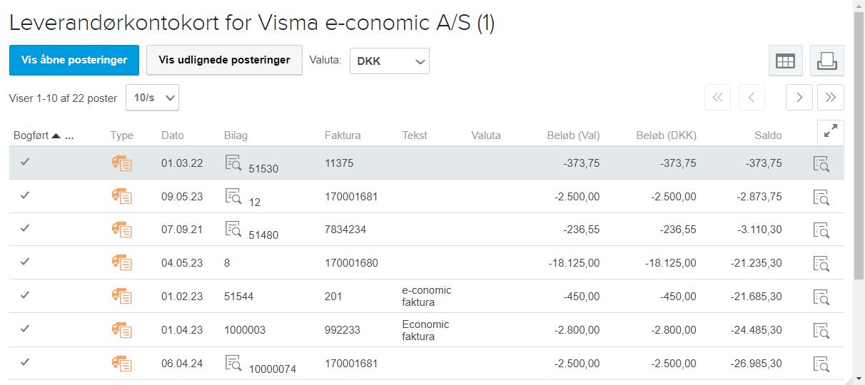 Viser leverandørkontokortet i Regnskabsfanen – bruges til at få et overblik over posteringer og saldo for en specifik leverandør.
