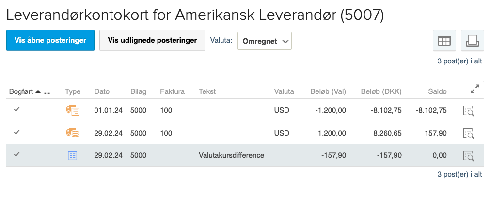 Viser en bogført valutakursdifference i leverandørkontokortet – bruges til at vise resultatet af at udligne en faktura med en betaling i fremmed valuta.