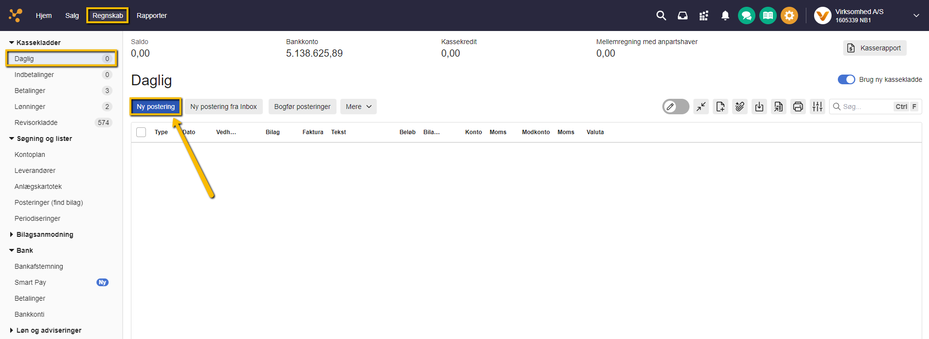 Viser knappen "Ny postering" i kassekladden – bruges til at oprette en ny postering.