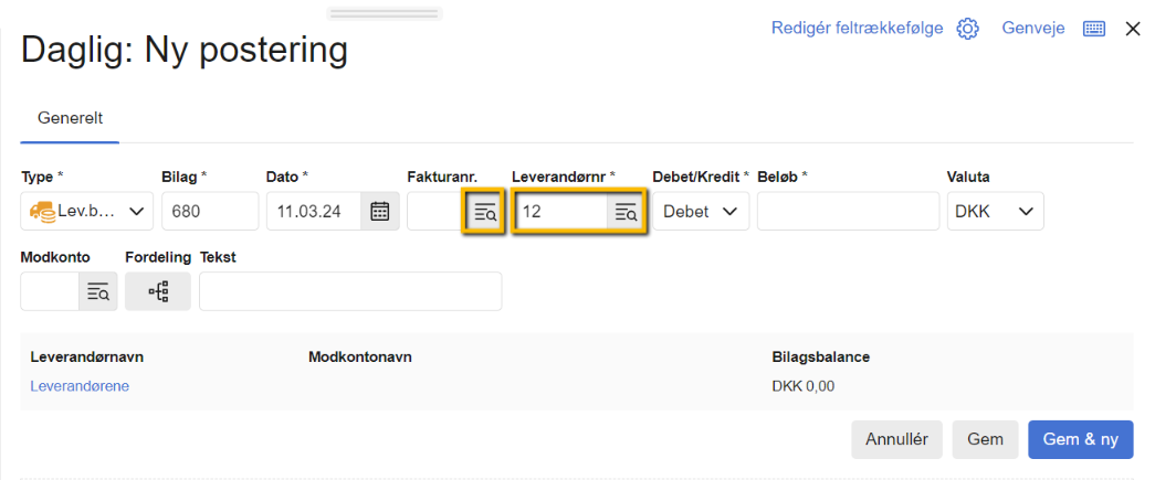 Viser den færdigudfyldte postering for en leverandørbetaling i kassekladden – bruges til at bogføre betalingen for at udligne den med de tilhørende fakturaer.