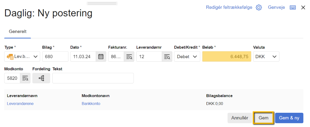 Viser ikonet 'Udlign posteringer' i en ny postering for en leverandørbetaling – bruges til at finde og vælge de fakturaer, der skal udlignes.