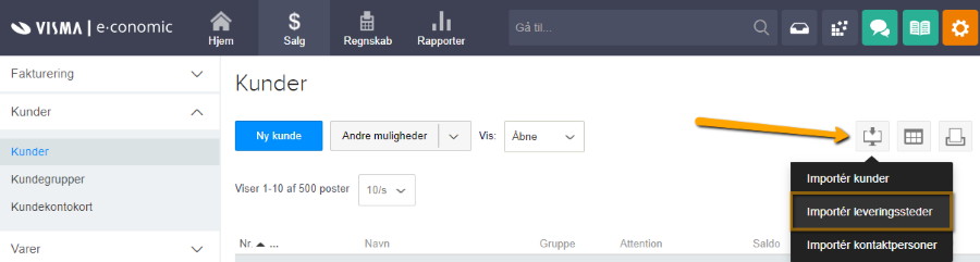 Viser menupunktet 'Importér leveringssteder' under importmuligheder i kundelisten – bruges til at starte indlæsningen af en fil med leveringssteder.