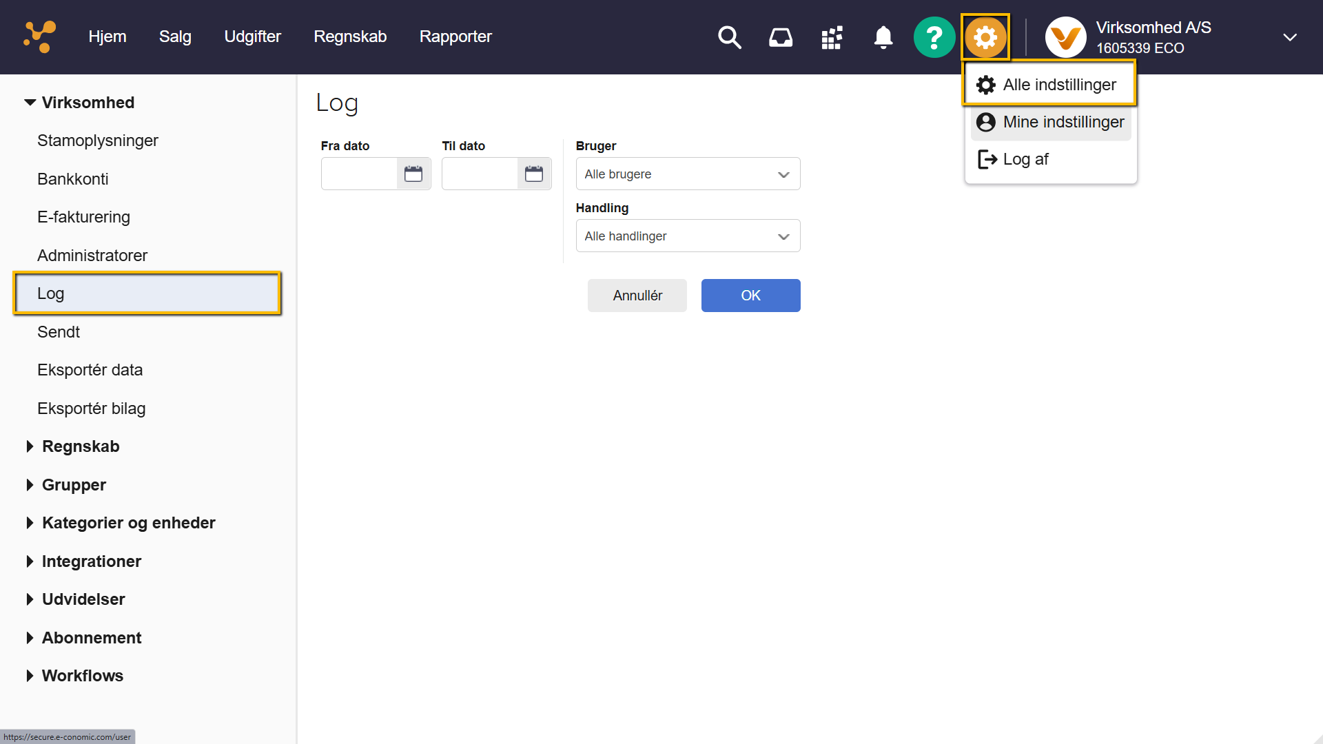 Viser søgekriterierne i loggen – bruges til at finde bestemte brugeres handlinger i en valgt periode.
