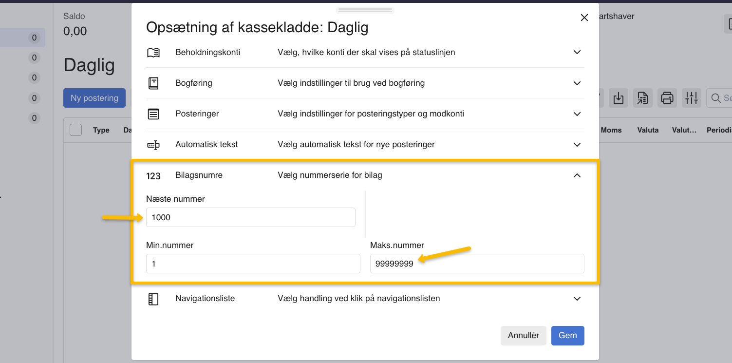 Viser indstillingerne for bilagsnumre i opsætningen af en kassekladde – bruges til at fastsætte en ny nummerserie for bilag.