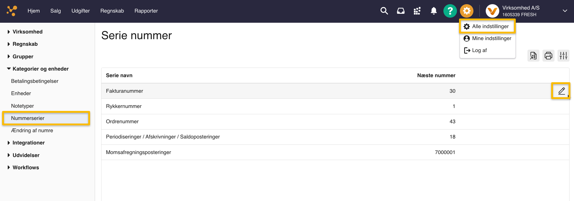 Viser listen over nummerserier i Alle indstillinger – bruges til at ændre det næste nummer i en nummerserie.