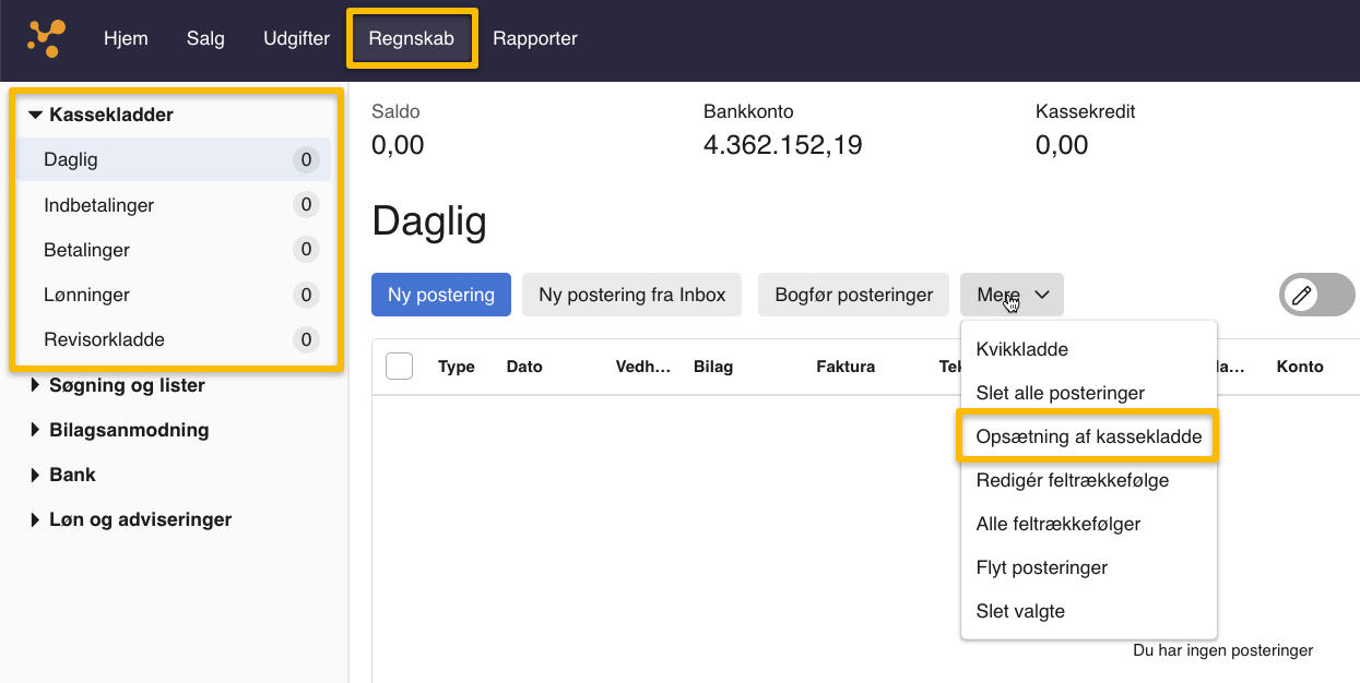Viser menupunktet 'Opsætning af kassekladde' i kassekladden – bruges til at ændre kassekladdens nummerserie.