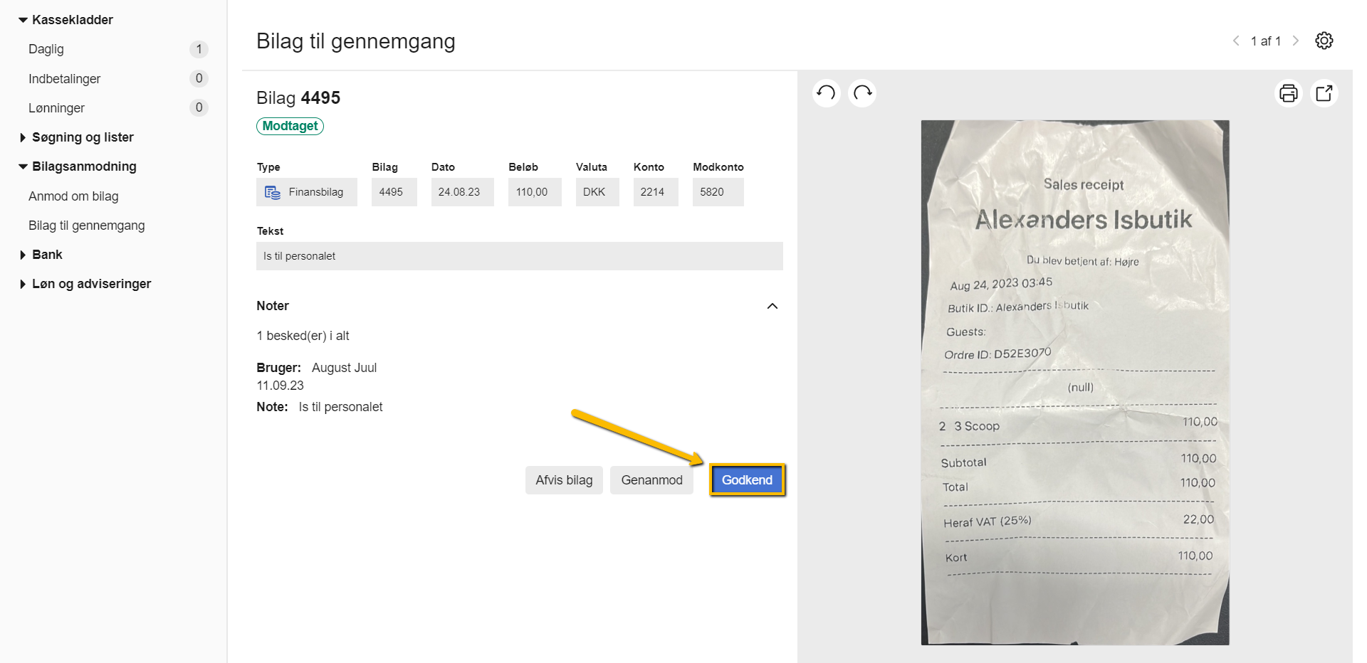 Viser knappen "Godkend" i "Bilag til gennemgang" – bruges til at godkende et bilag og tilføje det til posteringen.