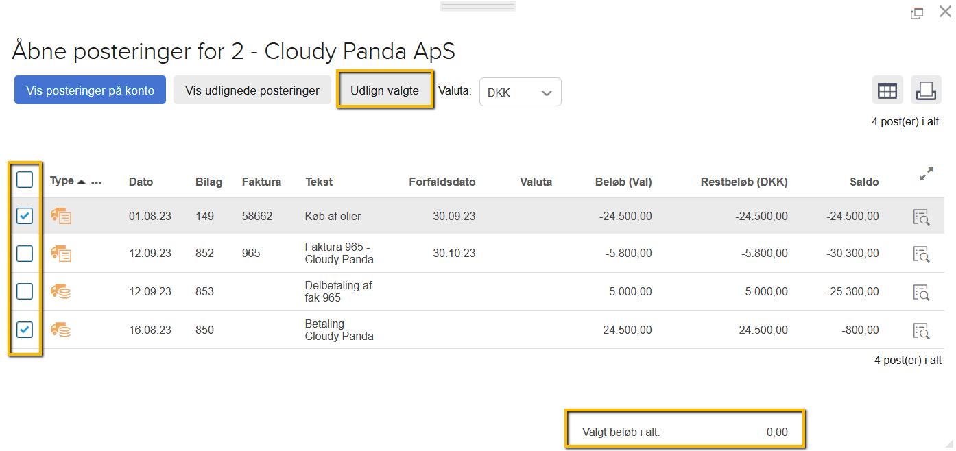 Viser udvalgte posteringer i vinduet 'Åbne posteringer' – bruges til at udligne poster manuelt, når deres samlede saldo er nul.