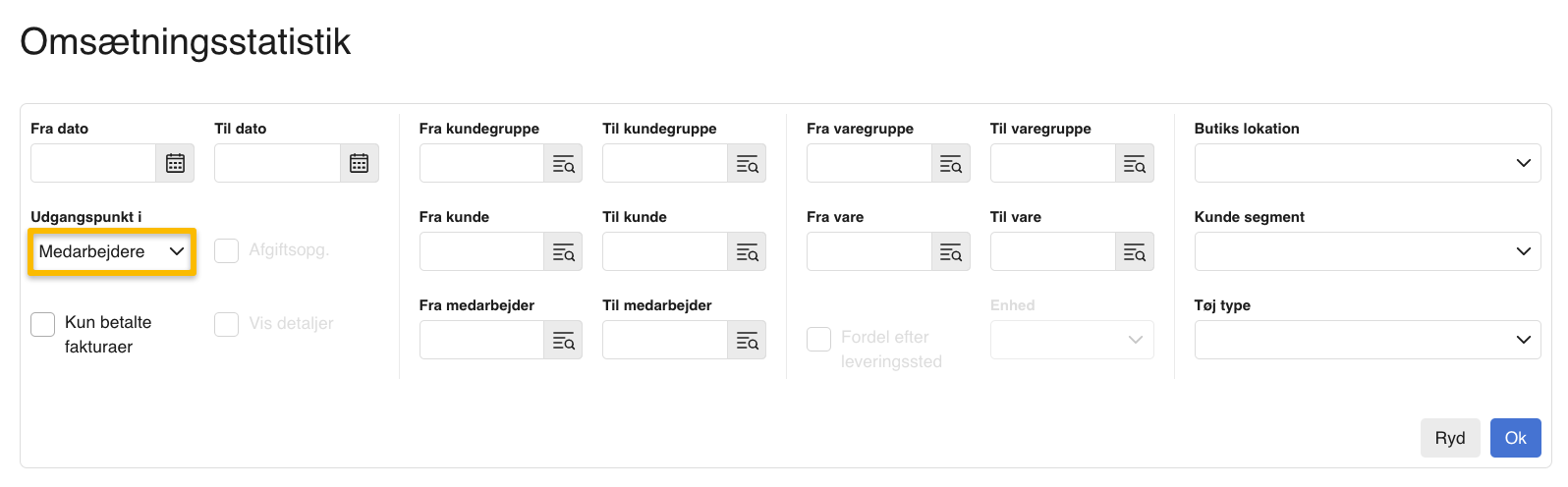 Viser valget 'Medarbejdere' i dropdown-menuen 'Udgangspunkt i' i rapporten Omsætningsstatistik – bruges til at danne en omsætningsrapport baseret på den enkelte medarbejder.