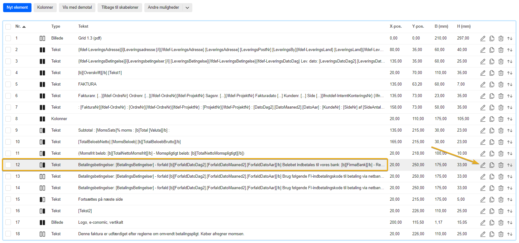 Viser rediger-ikonet for betalingsbetingelser i en fakturaskabelon – bruges til at tilføje information om MobilePay-betaling.